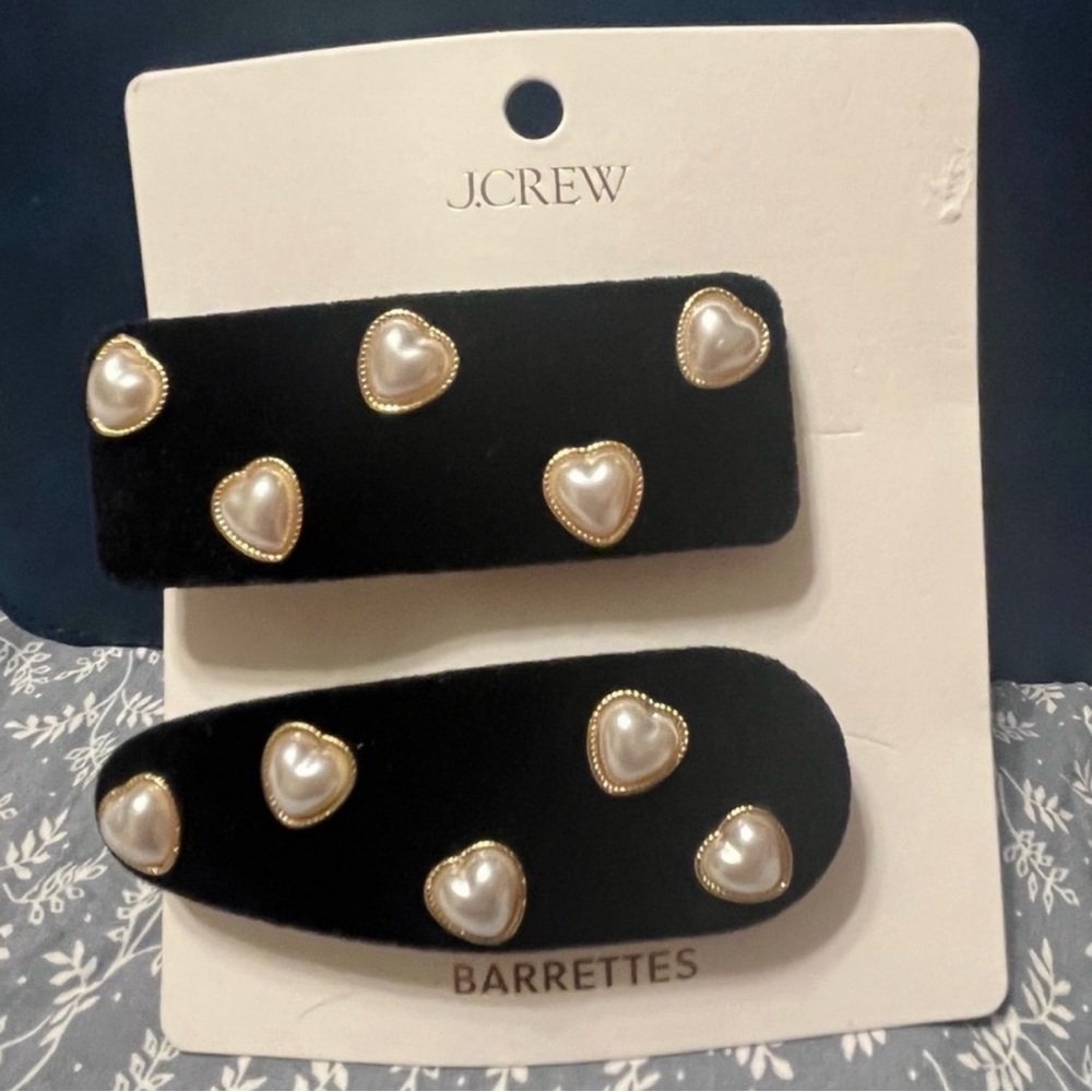 J. Crew Black Velvet Heart Pearl Barrette Duo with Gold Trim
